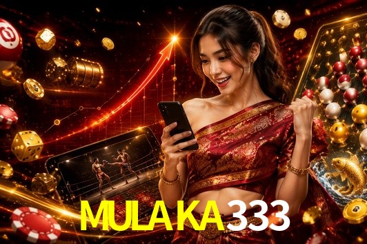 Escena dinámica inspirada en casino con iluminación MULAKA333, cartas, fichas e íconos de juegos digitales en un espacio moderno de juegos.